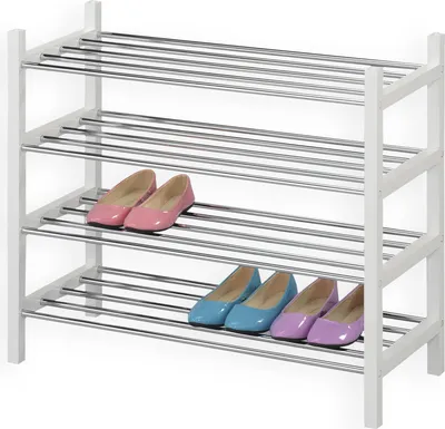 Produktbild von Schuhregal Schuhablage Schuhständer, mit 4 Böden in weiß lackiert, verchromte Metallrohre, stapelbar