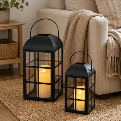 Productafbeelding van Set van 2 decoratieve kaarslantaarn, 35 cm en 26 cm, hoge vintage metalen kandelaar met gehard glas, perfect voor tuin, tuin, terras, bruiloft
