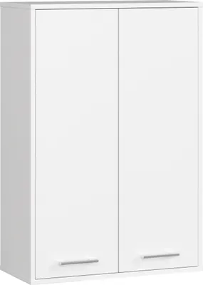 A white cabinet with two doors and two handles.