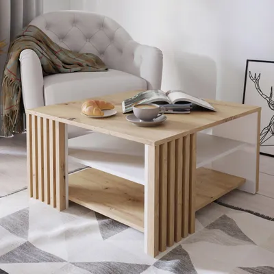 Produktbild von Forte CARDIGAN Couchtisch 80, moderner Sofatisch mit Ablage und Lamellendesign, Wohnzimmer, Holzwerkstoff, Artisan Eiche Holzdekor|Weiß, 80 cm breit x 45 cm hoch x 80 cm tief