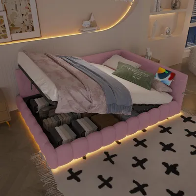 Image de Canapé-lit Daybett, revêtement imitation velours, sommier à lattes, espace de rangement hydraulique, éclairage LED, ainsi que ports USB et de type C, dimensions 140 x 200 cm, couleur rose