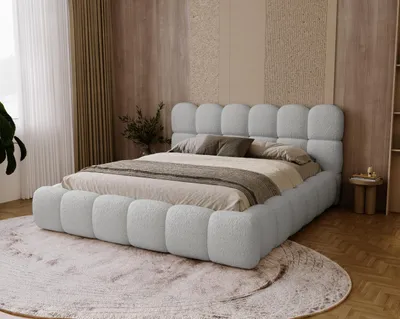 Zdjęcie produktu dla BESILIO Łóżko tapicerowane boucle 160x200 Chicago - gruba pianka, pojemnik i stelaż - Jasnoszary