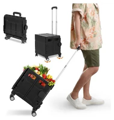Produktbild von Jayseuw Schwarz Leichter Falt-Einkaufswagen, 55kg Tragkraft, dreistufig höhenverstellbar, abnehmbare & leise Räder, Bremse