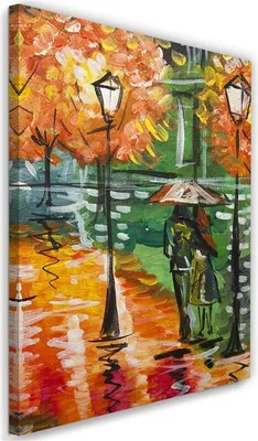 Produktbild von Leinwandbild verregneter herbst auf einer straße mit laternen 80x120 cm Feeby farbe wandbild bereit zum aufhängen