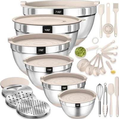 Produktbild von Terlulu Rührschüssel Set Edelstahl Salatschüssel mit Deckel 6.6 L/3.8 L/2.4 L/1.9 L/1.4 L/0.6 L