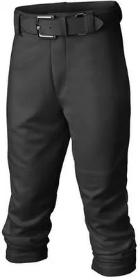 A pair of black baseball pants with a belt.