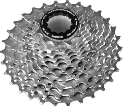 A close-up studio shot of a bicycle cassette.