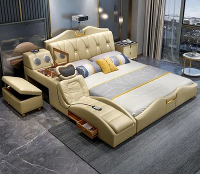 Produktbild von Design Bett Beige Hotel Polster 180x200 Multifunktion Regal Betten Neu