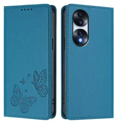 Obrázek produktu pro Kožené pouzdro pro Honor 70 Pro, motýlí ražbou, peněženkové flip pouzdro se stojánkem Modrá