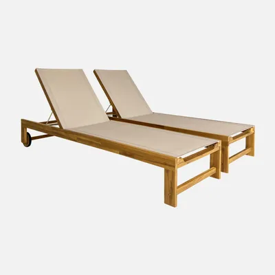 Immagine prodotto di Set 2 lettini prendisole in legno multiposizione con ruote, Beige