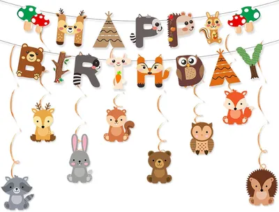 Produktbild von Geburtstagsbanner – Set mit 8 Stück – Waldmotiv – Babyparty – Aufhängedraht – Dekoration – Tiere – Girlanden