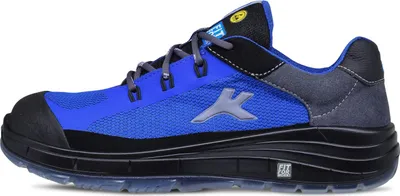 A side view of a single blue and black safety shoe.