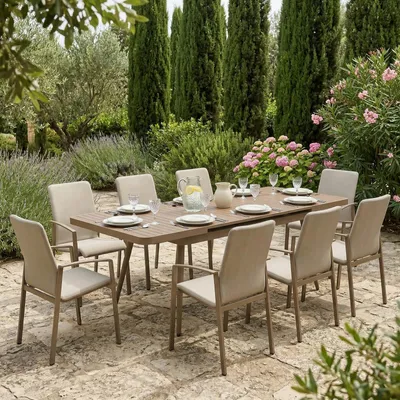 Produktbild von Gartenmöbel Set SUNNY/VERANO mit 8 Stühlen, Champagner - Ausziehbarer Gartentisch bis 200 cm, stapelbare Stühle, wetterfest & UV-beständig, pflegeleichte Outdoor Essgruppe für Garten & Terrasse