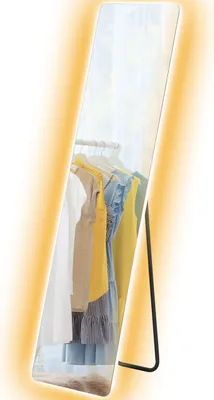 A full-length mirror with clothes hanging on a rack reflected in it.