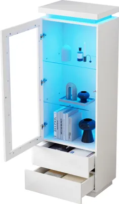 Produktbild von 60*40*171cm Vitrine, Hochschrank mit 2 Schubladen, Hochschrank Glasvitrine mit LED,Standregal Schrank ,Wohnzimmerschrank mit Glastüren und Klapptür