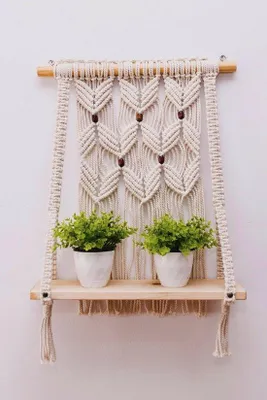 Image de Étagère murale en macramé, décoration murale bohème, fabriquée à la main en coton et en bois, 50