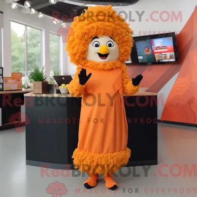 Image de Personnage mascotte REDBROKOLY d un Poulet Frit à l Orange habillé d une Robe Fourreau et d Écharpes