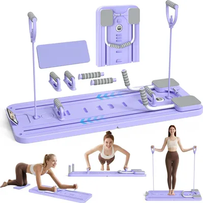 Produktbild von Pilates Trainingsboard - 8-in-1 Bauchtrainer - Fitnessboard mit Widerstandsbändern - Rebound Stepper - Ganzkörper-Home-Workout - Lila