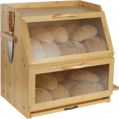 Image de Boîte à pain de 38 x 27 x 39 cm, en bambou, à deux niveaux, avec fenêtre transparente et planche à découper, pour la cuisine