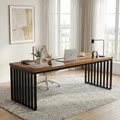 Productafbeelding van Bureau van 180 cm, kantoortafel, bureau voor twee personen, computerbureau voor gaming, groot bureau, 180 x 60 x 75 cm, bruin