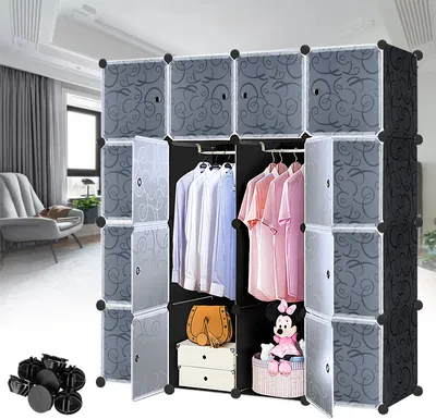 Obrázek produktu pro LZQ DIY Policový systém Skladování Koupelnové police Skříňový botník Sideboard Botník Pegboard Koupelnová polička s černým vzorem (16 boxů s dveřmi)