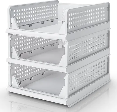 Produktbild von Yorbay Schubladenbox, 3er Set, Stapelbare Kleiderschrank Organizer, Regal Aufbewahrungsbox, Trennwand Stapelschubladen für Kleidung Küchen Schlafzimmer, Weiß (Klein: 43 x 33 x 14 cm)