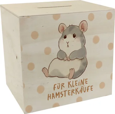 Produktbild von Hamster Spardose aus Holz mit Spruch Für kleine Hamsterkäufe