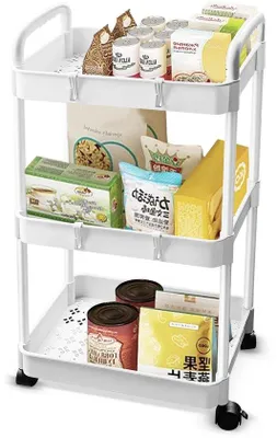 Image de Ibenzoa® Chariot de cuisine multifonctionnel blanc en plastique – 3 niveaux, 4 roulettes (à 360°), 4 crochets, mobile pour la cuisine, la salle de bain et le salon