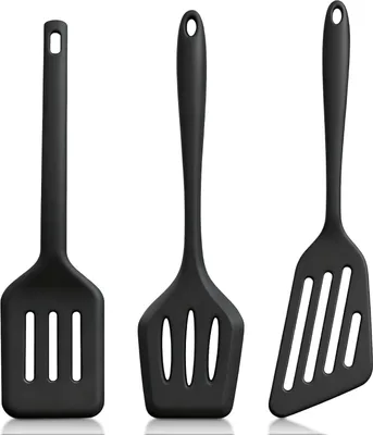 Produktbild von 3 Stš¹ck Pfannenwender Silikon, Spatula aus Lebensmittelechtem, Bratenwender, Geschlitzt, Antihaftbeschichtet, Hitzebest?ndig, Ideales Kochgeschirr fš¹r Fisch, Eier, Pfannkuchen, Schwarz