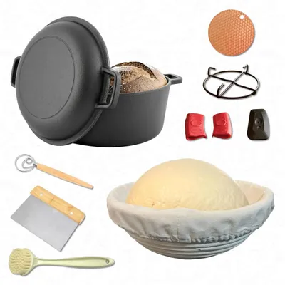 Produktbild von 26 cm Gusseisen Brotbacktopf inkl. Gärkorb – Brottopf mit Deckel, Brotbackset, robuste Brotbackform, Brot Backen Zubehör