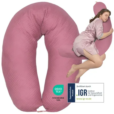 Produktbild von sei Design Stillkissen XXL 190x30 mit Musselin Bezug Seitenschläferkissen Schwangerschaftskissen Babynest Kuschelnest Musselin Dunkel-Rosa
