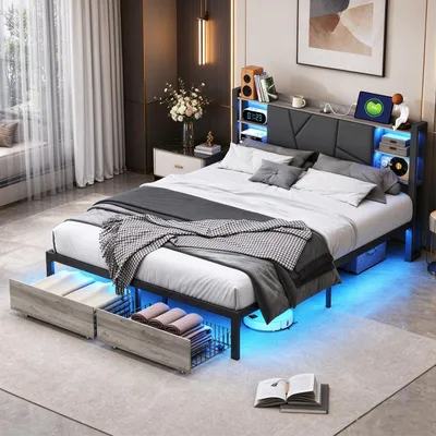 Image de INONEFT Lit double 160x200 cm avec sommier à lattes, lit en métal avec éclairage LED et ports USB, cadre de lit pour adolescents avec tête de lit rembourrée, couleur noire