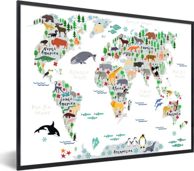 Produktbild von MuchoWow® MuchoWow® Gerahmtes Poster Weltkarte - Kinder - Tiere - Pflanzen 80x60 cm - Poster mit zchwarzem Bilderrahmen - Schwarzem - Mit Gestell