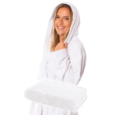 Produktbild von Lavea® Mexico Bademantel XXL für Damen und Herren – Saunatuch 80x200 cm  aus 100% Baumwolle, Walkfrottier 500 g/m², saugstark - Weiß