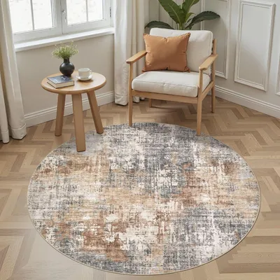 Productafbeelding van Vloerkleed rond 135 cm, grijsbruin, laagpolig, antislip, voor woonkamer