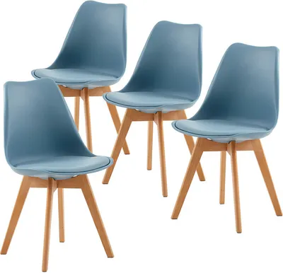 Four blue dining chairs with wooden legs are arranged on a white background.