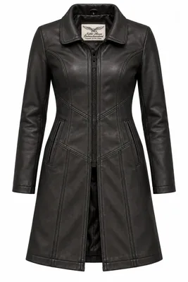 Produktbild von Damenmantel aus geschmeidigem Leder, Serie Verona, Schwarz, femininer, leicht taillierter Schnitt, KI-generiertes Bild