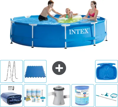 Produktbild von Intex-Schwimmbecken mit rundem Rahmen – 305 x 76 cm – Blau – im Lieferumfang enthalten Sonnensegel - Wartungspaket - Filterpumpe für Schwimmbad - Filter - Reinigungskit - Leiter