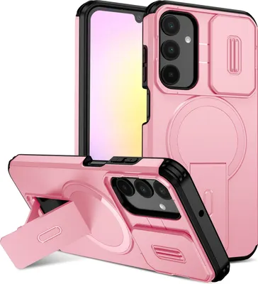 Obrázek produktu pro Magnetické pouzdro pro Samsung Galaxy A25, dvouvrstvé odolné pouzdro s posuvnou ochranou fotoaparátu a nastavitelným stojánkem Růžová
