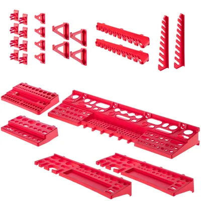 A collection of red tool organizers and holders arranged on a white background.
