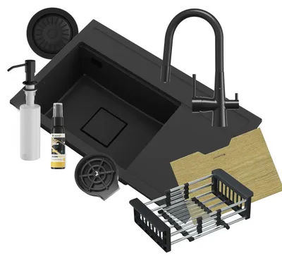 Immagine prodotto di Granitan - Lavello in granito - Lavello da cucina - 80x50x22 cm - Nero - con rubinetteria FLUO, sifone e tagliere