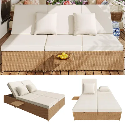 Produktbild von Doppel-Sonnenliege Rattan 199x120cm, Gartenliege mit verstellbarer Rückenlehne, wetterfestes Outdoor Daybed inkl. 7,5cm Polster, Weiß