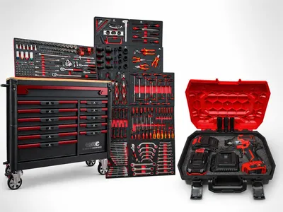 Produktbild von Werkstattwagen Heavy Duty mit Holzplatte, 12 Schubladen, 11 bestückt, Werkzeugwagen inkl. Akku-Schlagschrauber-Set 21V & 2 Akkus