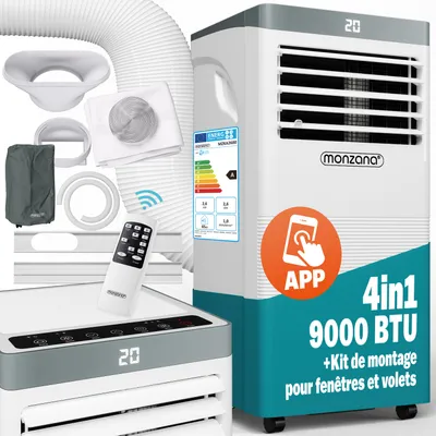 Image de MONZANA® Climatiseur Mobile 9000 BTU Silencieux – WiFi & Alexa, Refroidissement Puissant, 4en1 Climatisation & Déshumidificateur, Écran Digital, Mode Nuit, Kit Fenêtre