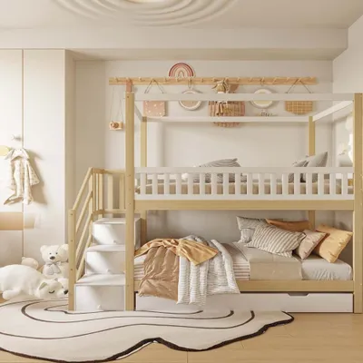 Letto A Castello 90x200 Cm In Pino Bianco Con Scrivania, Scala Portaoggetti E Contenitore - Soluzione Salvaspazio Per Bambini, 2 In 1