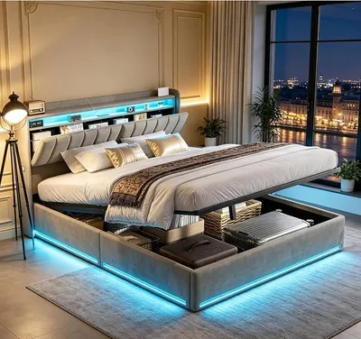 Image de Lit tapissier 140x200 cm, lit double avec éclairage LED et charge USB, lits avec rangement, comprenant une tête de lit et un sommier à lattes, lit pour adolescents avec rangement, lit avec sommier à lattes (gris, 140 x 200 cm)