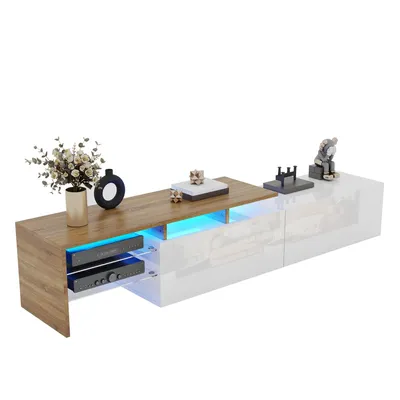Produktbild von Modernes TV-Schrank-Design: stilvoll und elegant, praktischer Stauraum, Hochglanzweiß, Holzoptik, Glasböden, LED-Beleuchtung