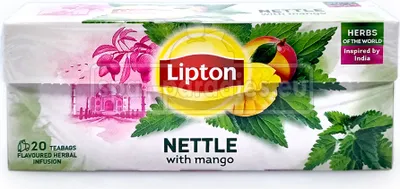 A box of Lipton Nettle with Mango flavored herbal tea.