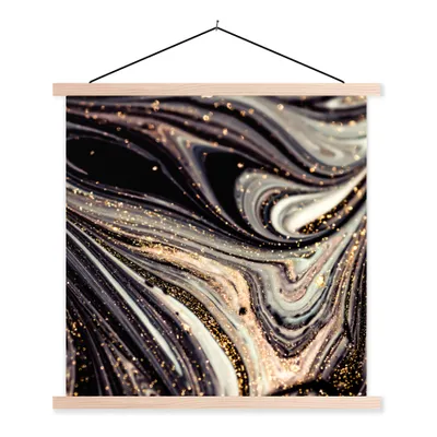 Produktbild von MuchoWow® Textilposter Marmoroptik - Schwarz - Gold - Weiß - Glitter - Marmor 120x120 cm mit holzfarbenen Rahmen - Textil-Poster