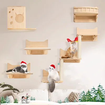 Produktbild von Katzenkletterwand-Set – 5-teiliges Wandmontageset mit Treppen und Liegefläche aus Holz